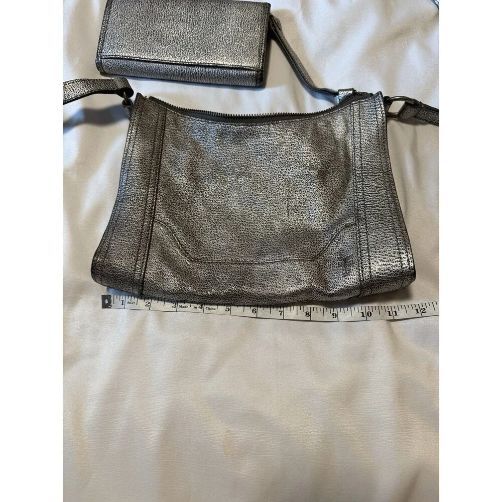 Frye Metallic Leather Crossbody Bag + Matching Wallet Pewter Silver Set